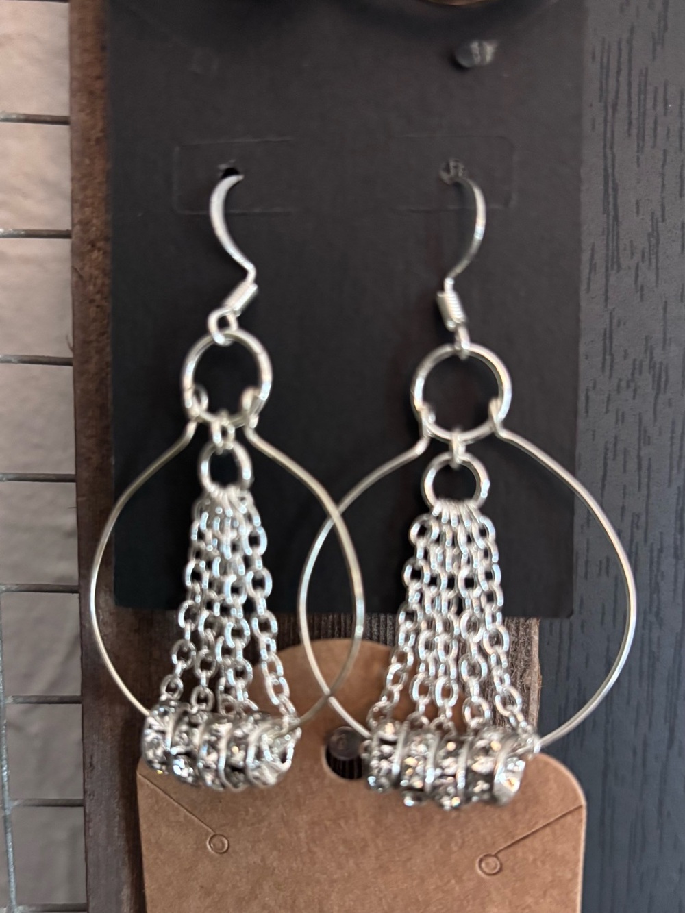 Silver Chain Tassel Hoop Earrings with Rhinestone Accents
